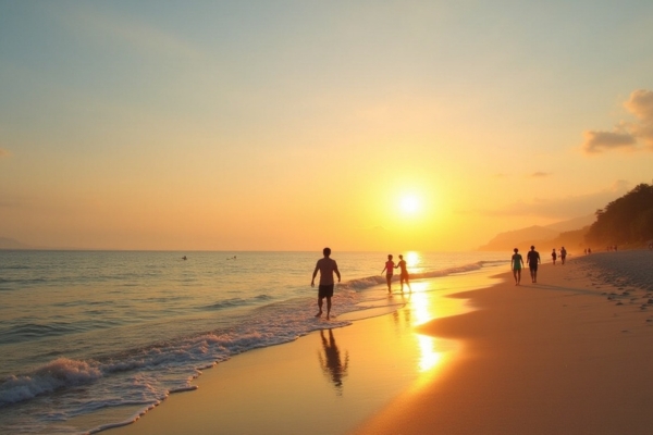 People walking on the beach at sunset at Tanjung Aru Beach, Kota Kinabalu
