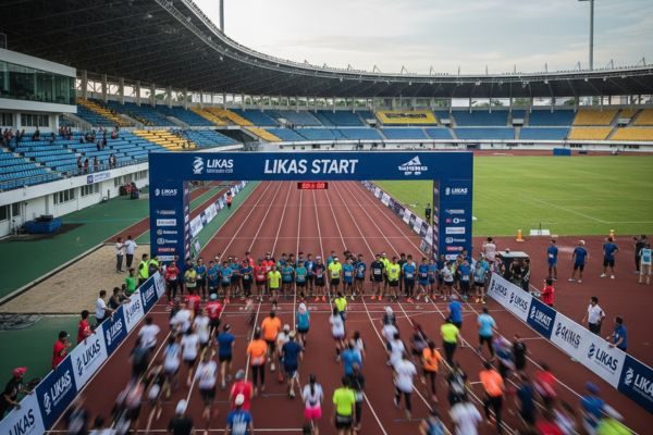 Aerial shot of the starting line at Likas Stadium, packed with runners in colorful race gear.
