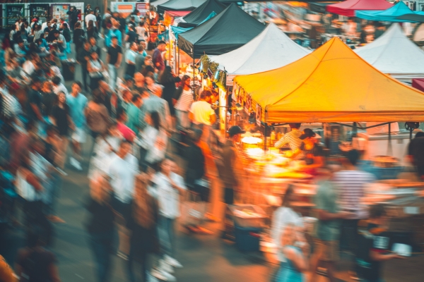 Stalls with food, drinks, and crafts at Gaya Street Market in Kota Kinabalu
